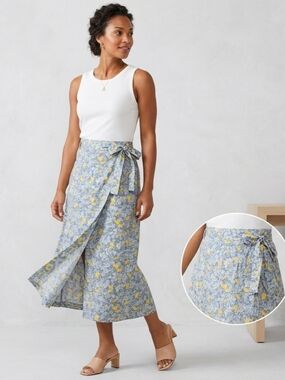 VTG Talbots Petite Floral Midi Skirt Size 10P Blue Yellow Cotton Rayon Wrap
